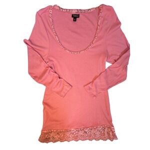 Torrid Pink Ribbed Lace Trim Scoop Neck Long Sleeve Top Plus Size 2 2X